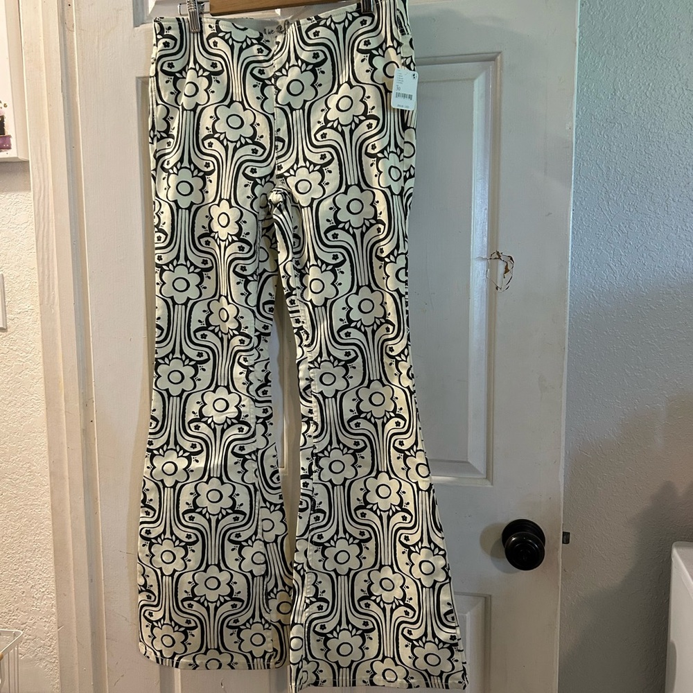 Free People Black and Cream Floral Print Flared Pants